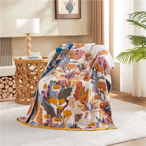 Boho Throw Blanket 100 Percent Cotton Ultra Soft Bed Quilt Farmhouse Decor Yello - Picture 2 of 7